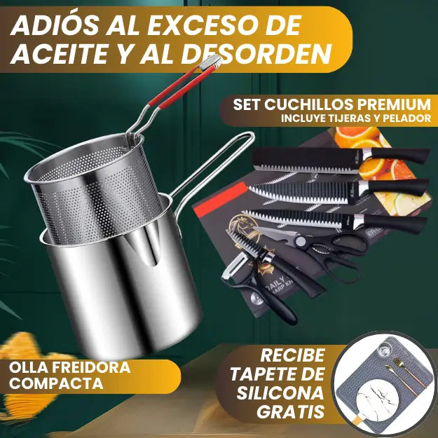 Kit Olla Freidora Compacta y Set de Cuchillos Premium + Tapete Silicona GRATIS