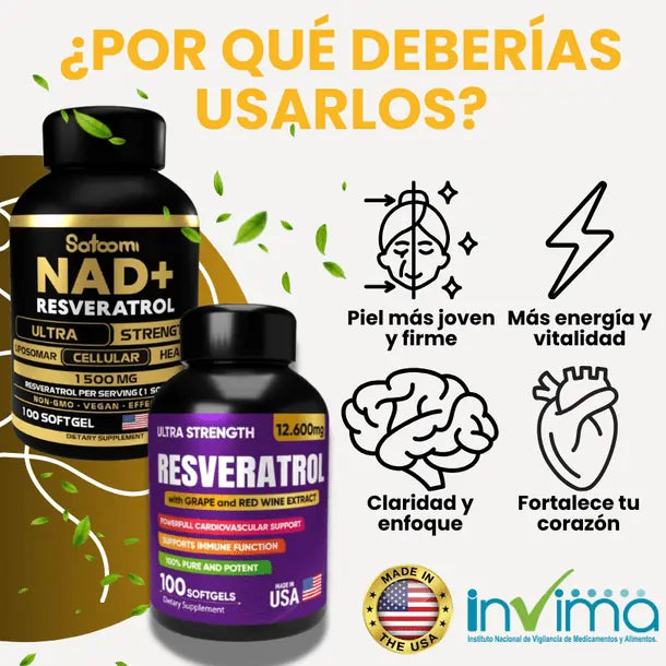 Reto Rejuvenecedor NAD+ Resveratrol® x 100 Cápsulas C/U, Hecho en 🇺🇸
