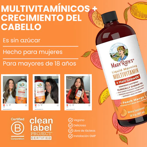 MaryRuth’s® Multivitamínico Líquido con Lustriva® – Crecimiento Capilar y Salud de la Piel ✨🥭🍑