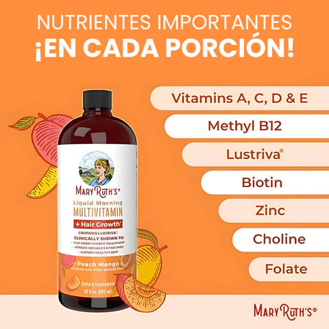 MaryRuth’s® Multivitamínico Líquido con Lustriva® – Crecimiento Capilar y Salud de la Piel ✨🥭🍑