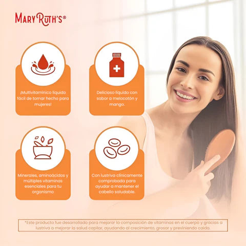 MaryRuth’s® Multivitamínico Líquido con Lustriva® – Crecimiento Capilar y Salud de la Piel ✨🥭🍑