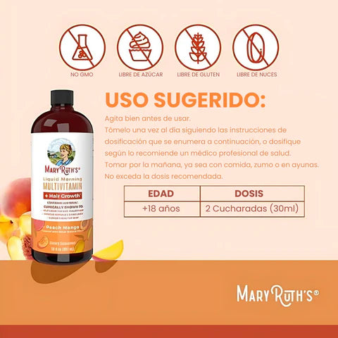 MaryRuth’s® Multivitamínico Líquido con Lustriva® – Crecimiento Capilar y Salud de la Piel ✨🥭🍑