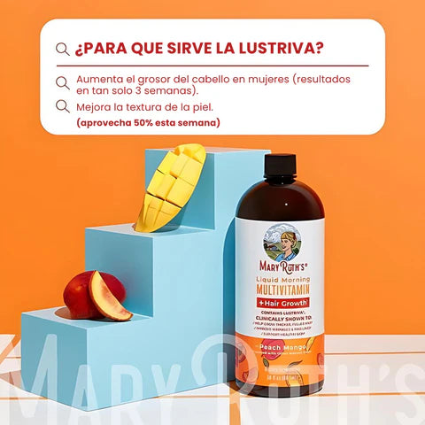 MaryRuth’s® Multivitamínico Líquido con Lustriva® – Crecimiento Capilar y Salud de la Piel ✨🥭🍑