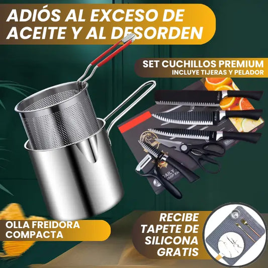 Kit Olla Freidora Compacta y Set de Cuchillos Premium + Tapete Silicona GRATIS
