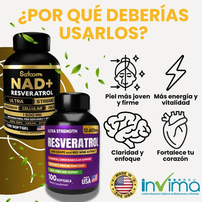 Reto Rejuvenecedor NAD+ Resveratrol® x 100 Cápsulas C/U, Hecho en 🇺🇸
