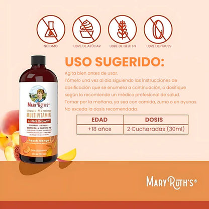 MaryRuth’s® Multivitamínico Líquido con Lustriva® – Crecimiento Capilar y Salud de la Piel ✨🥭🍑